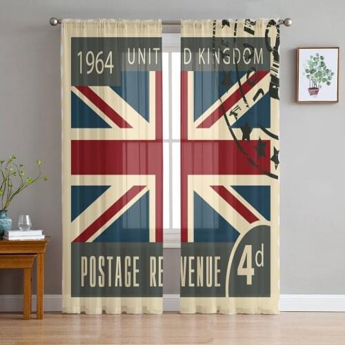 Vintage London Stamp Window Treatment Tulle Modern Sheer Curtains for Kitchen Living Room the Bedroom Curtains Decoration