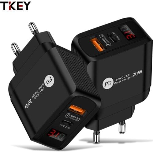 TKEY QC3.0+PD20W Fast Charging EU/US/UK Plug Mobile Phone Charger USB Type C Charger Adapter For iPhone 12 Pro Max Huawei Vivo