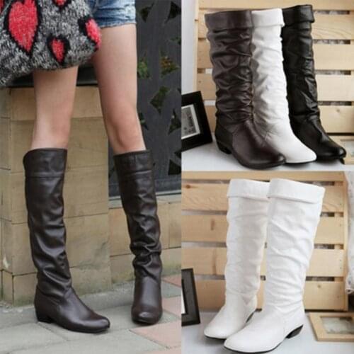 Women Leahter Knee High Boots Fashion Folding Slip on Winter High Boots Casual Low Heels White Black Long Slim Boots Ladies 2020
