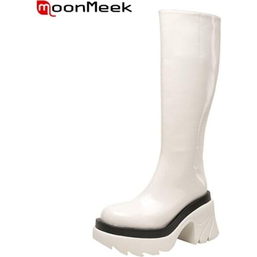 MoonMeek 2022 New Knee High Boots Square Heels Platform Genuine Leather Zipper Fashion Women winter boots Elegant Round Toe