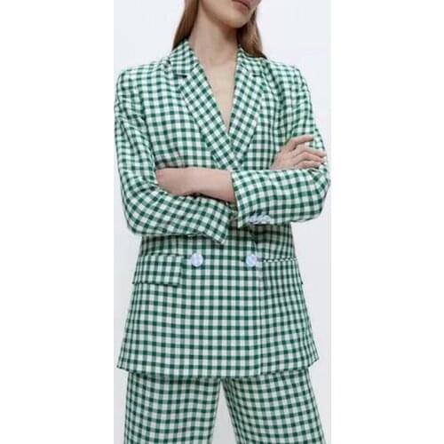 Za Womens Blazer Jacket Green Plaid Office Ladies Formal Blazer Coat Female Long Sleeve Chic Outwear Fashion Vintage Blazer TRF