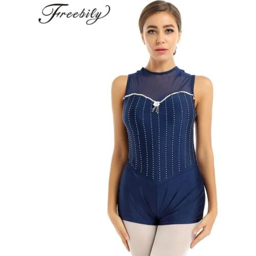 Women Adults One-piece Round Neck Sleeveless Shiny Rhinestones Gymnastics Leotard Dance Costume Bodysuit Jazz Shorty Unitard