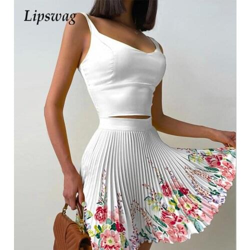 Women Sexy Skirt Suits Spring Off Shoulder Straps Tops + Ribbed Pleated Skirts Suit 2021 Summer Sleeveless Ladies Casual Outfits