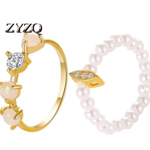 ZYZQ 2 PCS Imitation Pearl Ring for Women Set Temperament Small Rice Bead Ring Romantic Wedding Anniversary Gift Jewelry