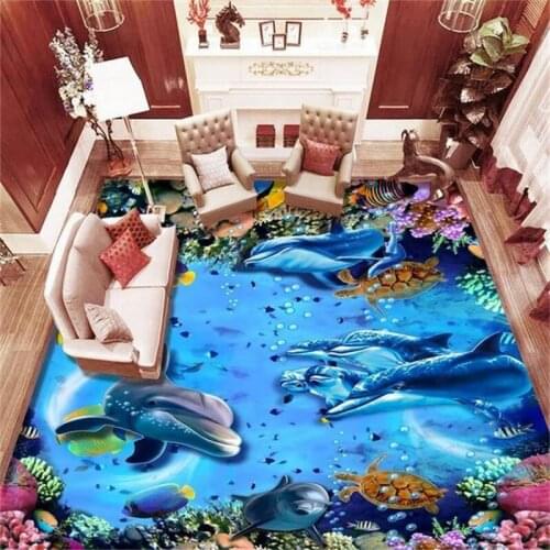 Beibehang 3D Floor Wall paper Photo Wallpaper Undersea World tropical fish Floor Bathroom Self adhesive PVC Waterproof Wallpaper