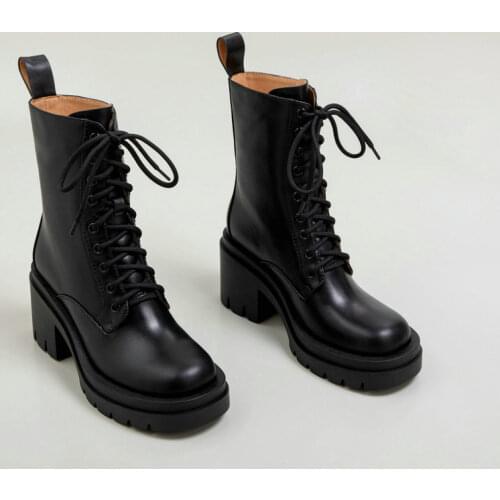 2021 New Genuine Cow Leather Boots Womens Thick Bottom British Style Round Toe Boots Women Motorcycle Boots