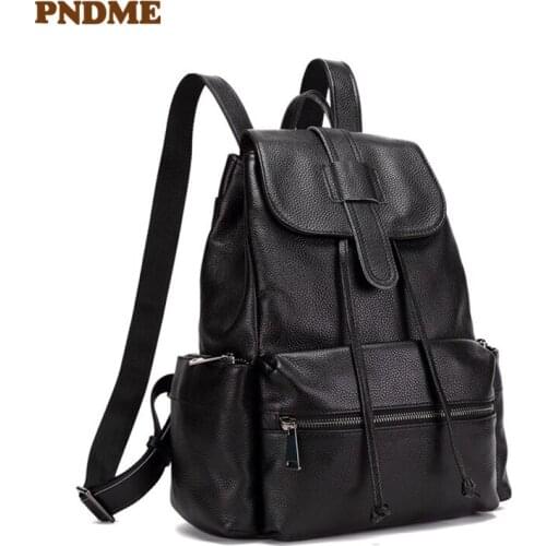 PNDME black high quality cowhide men womens backpack outdoor casual daily soft genuine leather designer travel bagpack bookbags