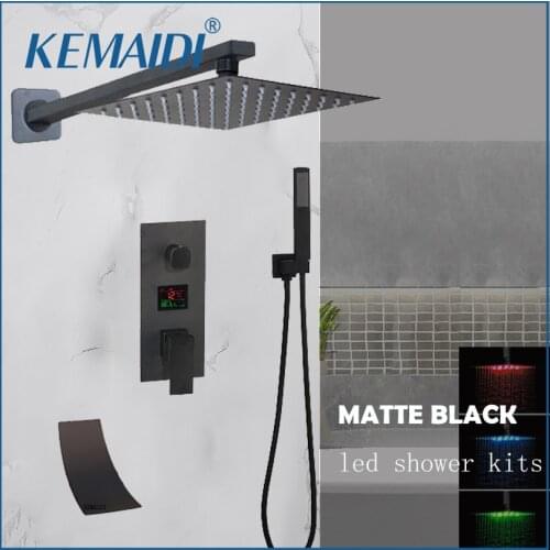 KEMAIDI Matte Black Bathroom Rainfall Shower Faucet Shower Head 3 Ways LED Digital Display Mixer Waterfall Faucets Shower Set