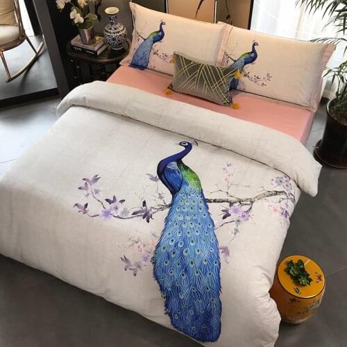 New 100% Cotton Sanding Printed Flower Bedding Set Wedding Bed Sheet set Duvet Cover Pillowcase Queen King 4pcs Animal peacock