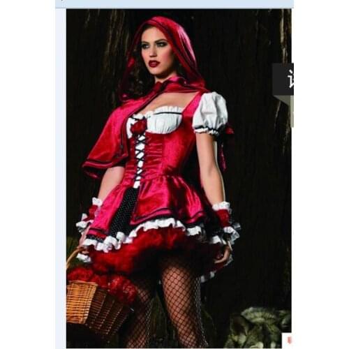 Cosplay Little Red Ridinghood Cosutmes Women Lace Role Playsuit Red Short Dresses Halloween Carnival JY037