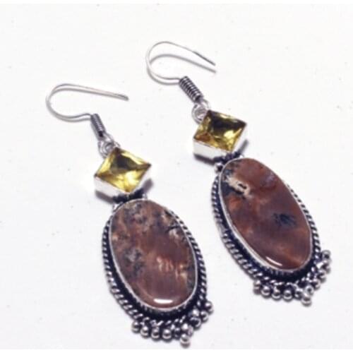 Honey Dendrite Opal Silver Overlay on Copper Earrings Hand made Women Jewelry Gift