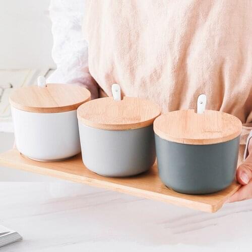 Set of 3 Ceramic Wood Spice Jar Salt Pepper Storage Box Container Tray Spoon Rack Kitchen Accessories Tools Gadget Organizer
