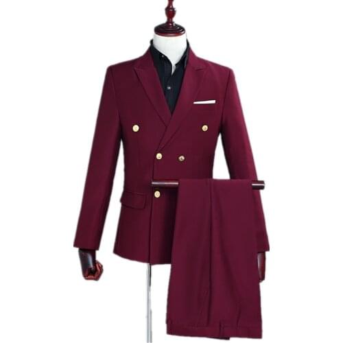 Jacket+Pants)Red Wine Double-breasted Men Suit Set Singer Host Performance Costume Vintage Gala Banquet Men Suit Blazer