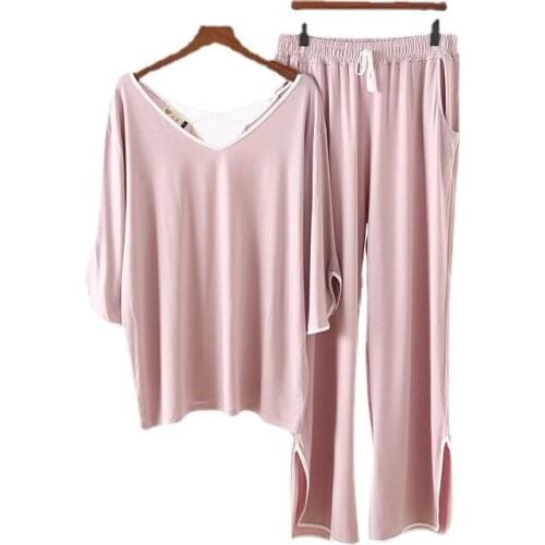 Sexy V-Neck Modal Women Pajamas Sets 2PCS Flared Sleeve&Pants Pyjamas Backless Sleepwear Nightwear Summer Loungewear Sleep Suit