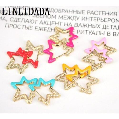 5Pairs Enamel Neon Pink Green Yellow Blue Popular hoop earring Jewelry Geometric Clear CZ Gold Color Earring