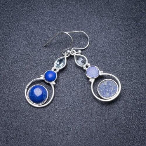 Natural Lapis Lazuli and Green Amethyst Handmade Unique 925 Sterling Silver Earrings 1 3/4" Y2321