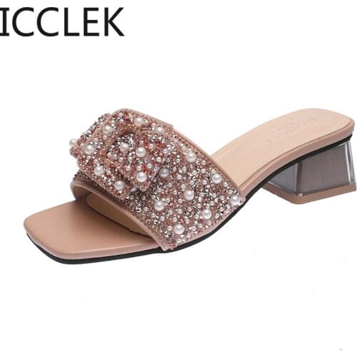 ICCLEK Women Rhinestones Flip Flops Slippers Summer Fashion Buckle Low Heel Sandals Woman Comfortable Beach Slides Mujer A037