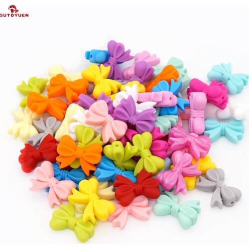 Sutoyuen 200Pcs Bow Silicone Beads BPA Free DIY Pacifier Necklace Safe Sensory Toy Chewable Silicone Baby Teething Beads Bowknot