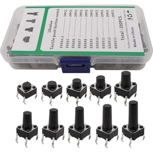 200Pcs/Box 6*6mm Light Micro Tact Switch Kit 10 Model DIP 4Pin Tactile Push Button Switch Set 4.3MM~13MM Keys Tact ON/OFF Switch