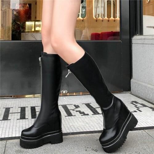 Thigh High Pumps Shoes Women Genuine Leather Wedge High Heel Mid Calf Motorcyle Boots Female High Top Round Toe Fashion Sneakers