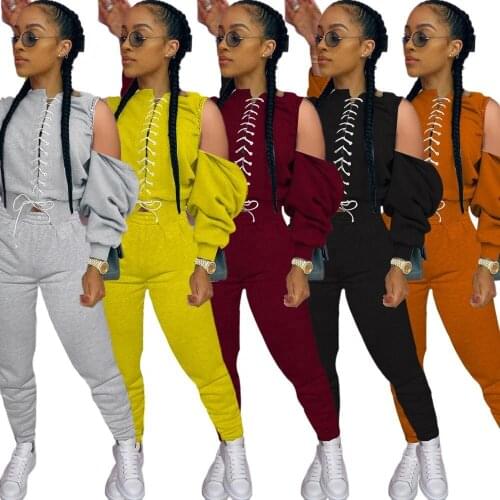 In stock Latest Hot Fleece Plus Size Hoodie Long Sleeve Top Sexy Off Shoulder Lacing Blouses Winter 2 Piece Joggers Suits Set