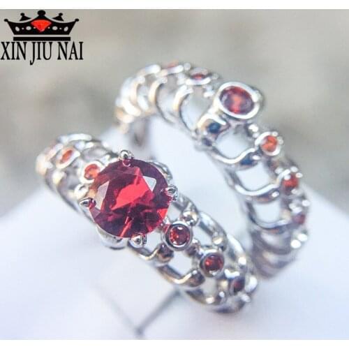 2 Pcs Red Garnet Skull Bone Couple Rings For Women Men CZ Ruby Stone Silver Wedding Engagement Gift Fine Silver 925 Jewelry
