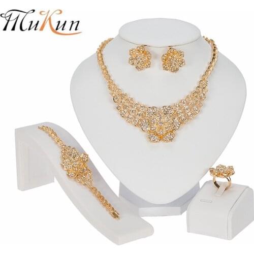 MUKUN 2020 Dubai Fine African Beads Jewelry Sets Gold Color Necklace Bangle Earrings Rings Nigerian Women Wedding Jewelry Sets