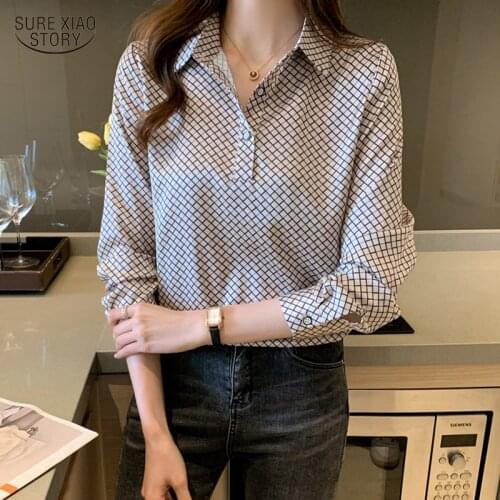 Spring Thin Long-sleeved Pullover Blouse Autumn Plaid Casual Satin Chiffon Blouses Women Elegant Button Polo Collar Shirts 16626