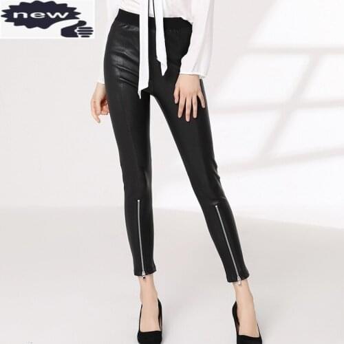 Female Quality Biker Genuine Leather Skinny Elastic Zipper Push Up Pencil Pants New Women Casual High Waist Trousers