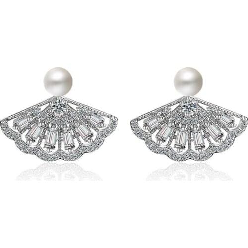 KOFSAC Fashion 925 Sterling Silve Stud Earrings For Women Exquisite Sector Earring Luxury Crystal Stones Full CZ Pearl Jewelry