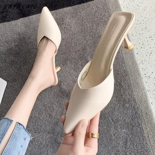 Baotou Half Slippers Women Outdoor Summer Pointed Toe Shallow Mouth Stiletto High Heels Slides Casual Mules Shoes Elegant Beige