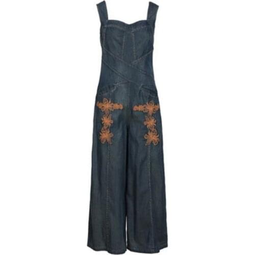 2021 summer vintage embroidered denim playsuits women spaghetti strap wide leg jeans overalls