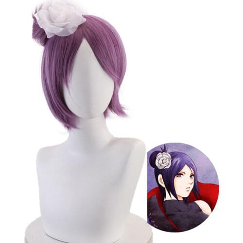 30CM Short Wigs Anime Akatsuki Konan Purple Wig Cosplay Heat Resistant Hair + Hair Accessory Halloween Party Role Play Props