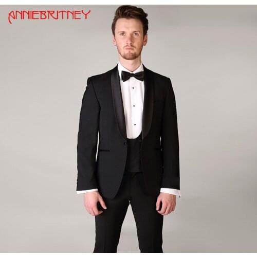 2018 black man suit for wedding evening party satin shawl lapel classic jacket slim fit formal tuxedos custom blazer 2 pieces