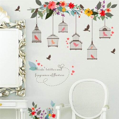 Colorful flower bird birdcage wall stickers for living room posters 3d garden floral wedding decoration pvc wall art decals