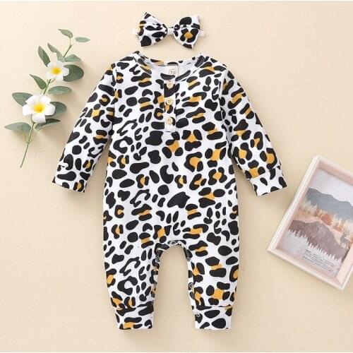 Spring and Autumn Infant Long Sleeve Leopard Print Romper 0-24M Baby Girls Cotton Breathable Comfortable Clothes with Headdress