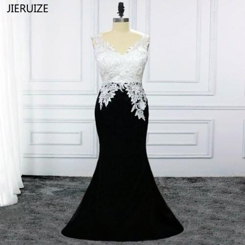 JIERUIZE Black And White Lace Appliques Mermaid Evening Dresses Long Backless Evening Gowns Formal Dresses vestido de festa