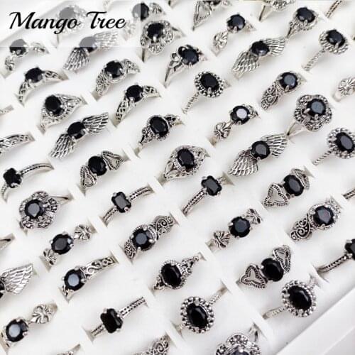 30pcs /Lot Vintage Black Crystal Rings for Women Bohemian Antique Silver Angel Wing Flower Rhinestone Finger Ring Party Jewelry