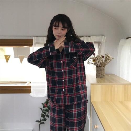 Men spring autumn homewear 2 piece set korean plaid long sleeve sleepwear pants outwear women casual loungewear home suit Y915