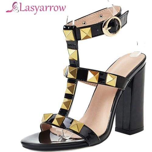 Lasyarrow 2021 Rivet Women High Heel Shoes Fashion Square High Heel Open Toe Women Sandals Party Womens Shoes Big Size 34-47