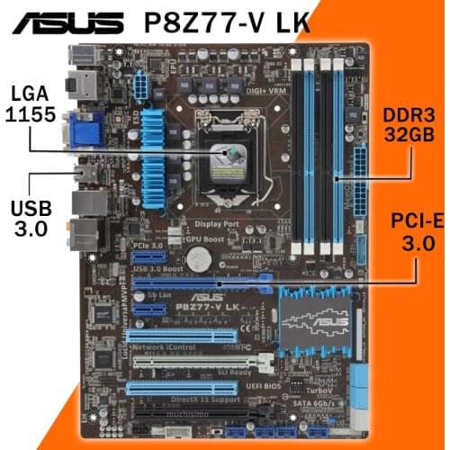 LGA 1155 Asus P8Z77-V LK Motherboard Core i7/Core i5/Core i3 DDR3 2400(OC)MHz PCI-E 3.0 DVI VGA Intel Z77 Placa-mãe 1155 Used