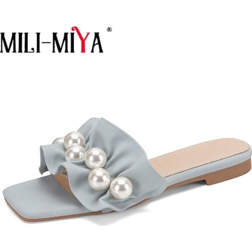 MILI-MIYA Elegant Ruffles Pearl Flats Slippers Summer Women Sweet Beige Beading Square Open Toe Comfy Sandals Party Dress Shoes