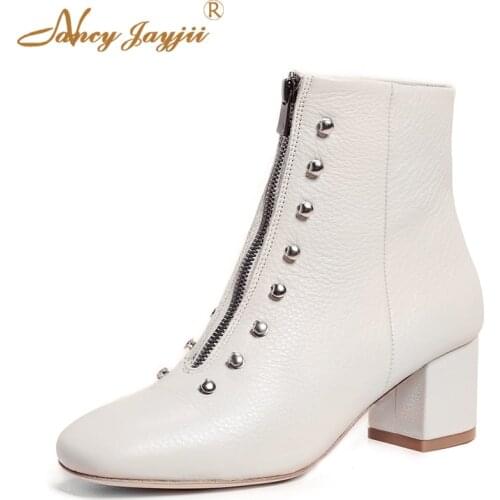 Off White Gig Boots Woman Bota Ladies Shoes Female 6cm Chunky Heel Metal Hardware Rivets Autumn Motorbycle Front Zipper Size 43