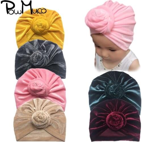 Powmuco 18*18 CM Solid Color Velvet Infant Hat Fashion Handmade Knotted Baby Girls Caps Toddler Warm Turban Clothing Accessories
