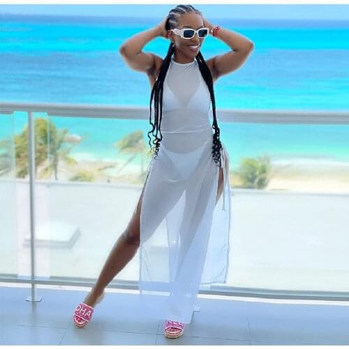 Black White Mesh Transparent Beachwear 3 Piece Bikini Outfits Halter Backless Top+underpants+ruched Drawstring Split Cover Up