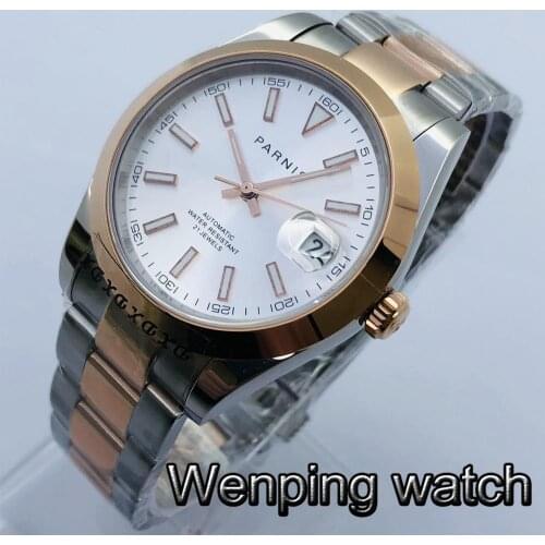 Parnis 39mm Top Luxury Mechanical Watch Silver Rose Gold Case Sapphire Glass Silver Dial Luminous Miyota 8215 Movement Watch