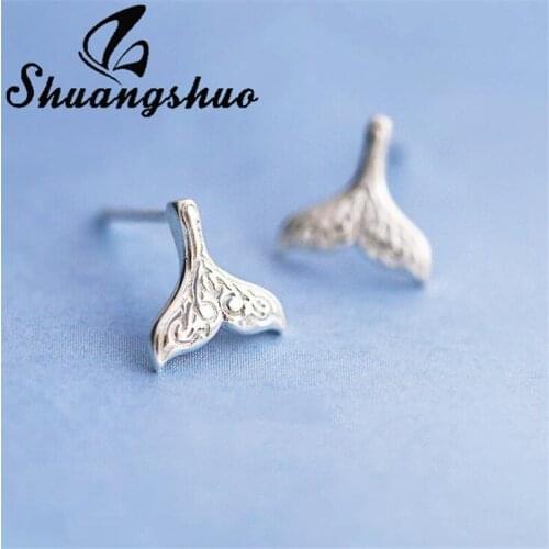 Shuangshuo 925 Sterling Silver Earrings Cute Fish Mermaid Tail Stud Earrings for Women Best Gifts Party Birthday Jewelry 2021