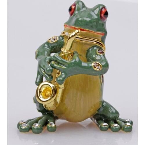 Gorgeous Frog Playing Saxophone Jewelled Trinket Box Jewelry Box with Inlaid Crystal, Pill Box Figurine