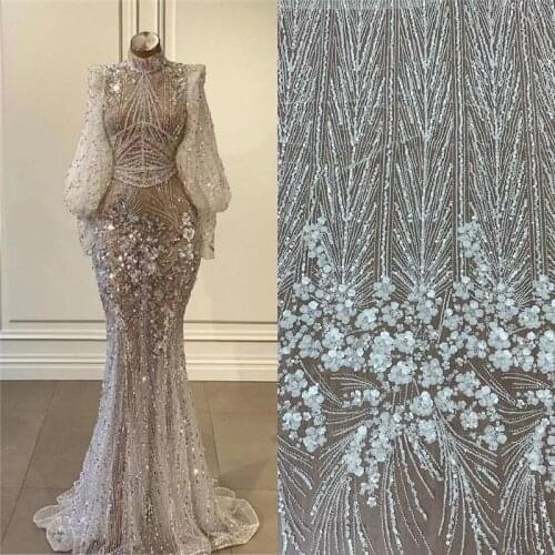 Super Hot Fashion Luxury White Full Beads Heavy Embroidery Party Dress Bridal Gown Dress Lace Fabric