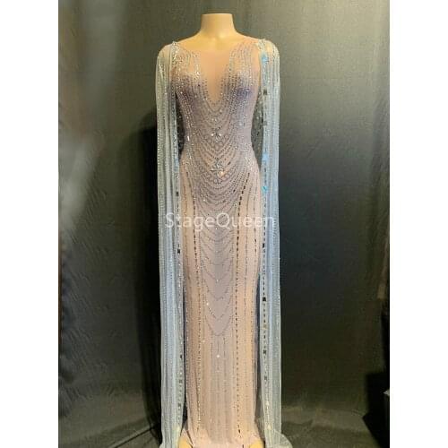 Sparkly Rhinestones Mesh Long Dress Women Birthday Celebrate See Through Net Dress Stage Costume Dance Performance Cloak Outfit